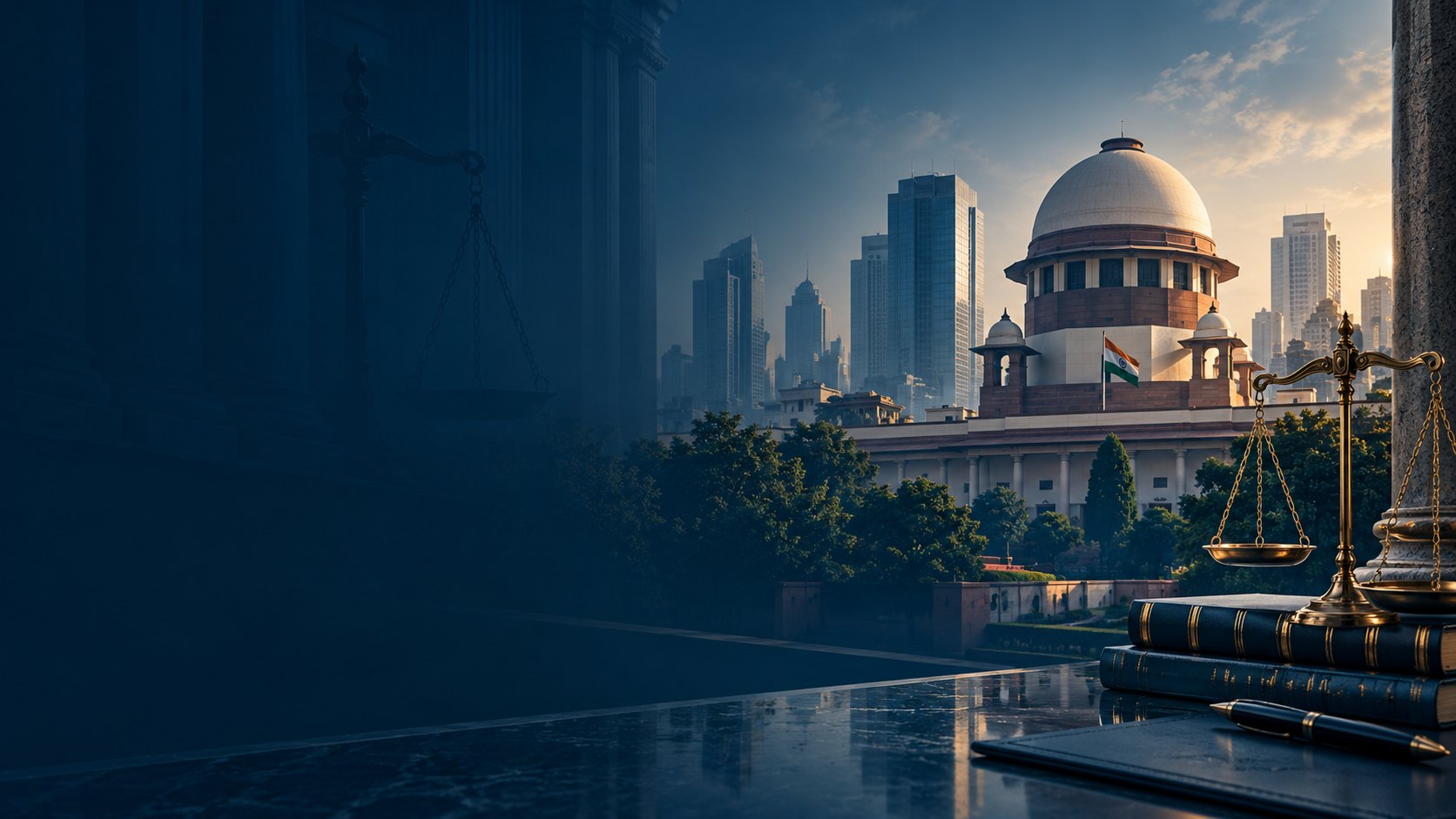 The Supreme Court of India framed by a modern city skyline, with scales of justice and law reports in the foreground